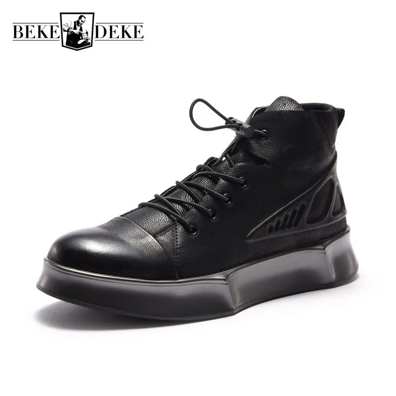 

Top Mens Korean High Winter Fleeec Lining Outdoor Boots Casual Lace Up Thick Bootom Round Toe Genuine Leather Male Cowhide Boots