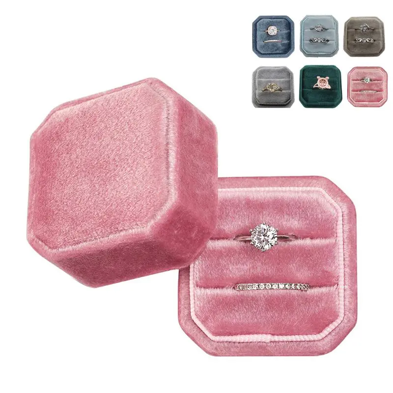 Velvet Double Ring Box Octagon Wedding Ceremony Ring Box with Detachable Lid