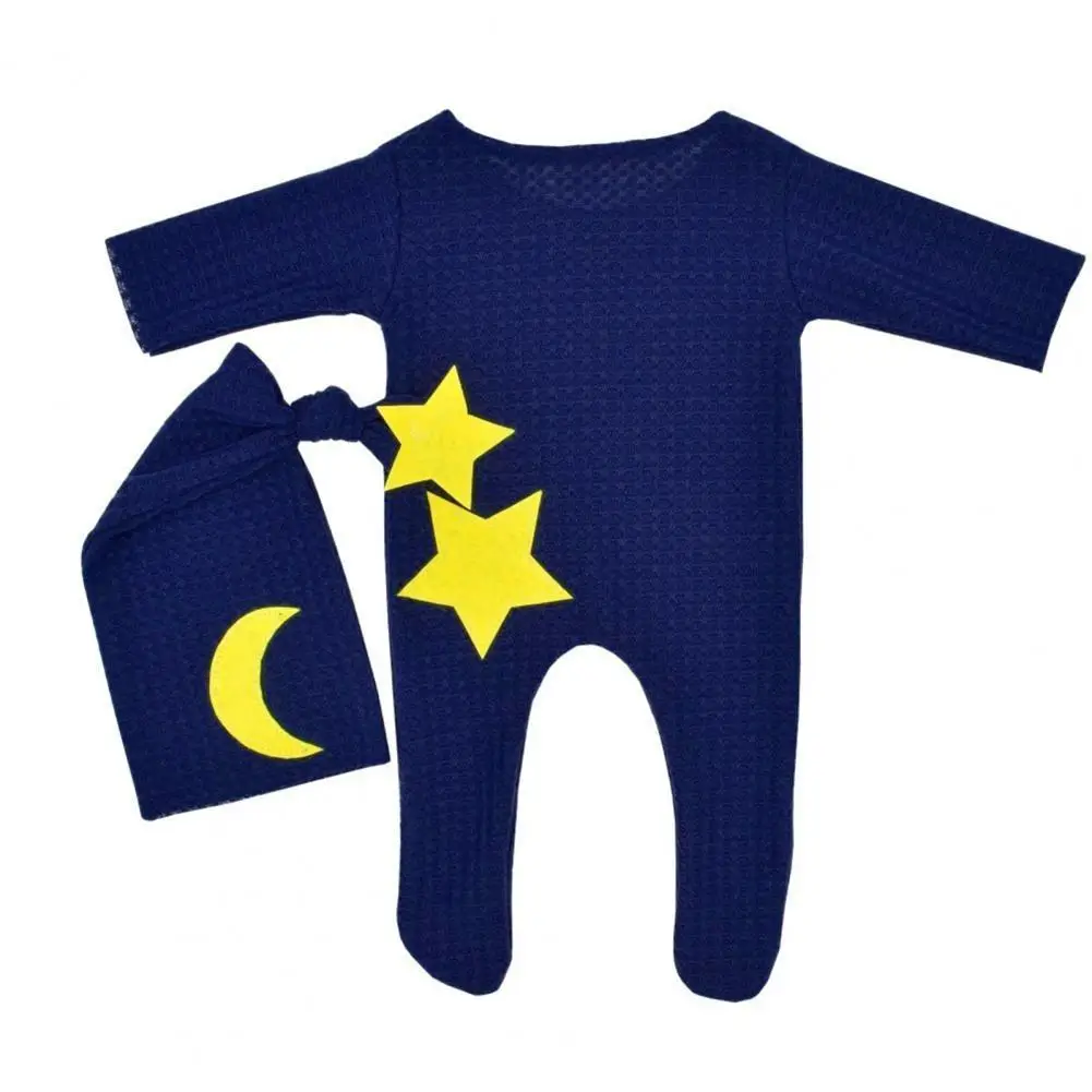 

2Pcs/Set Toddlers Romper Moon Star Pattern Knitted Fabric Newborn Footed Bodysuit Hat Newborn Photography Prop