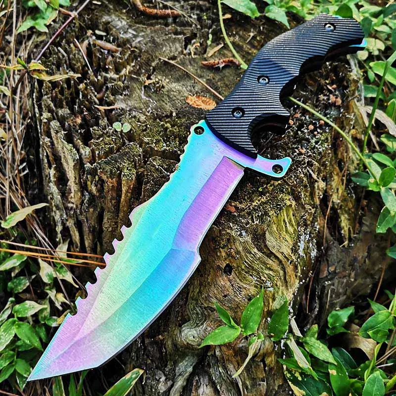 Tactical Huting Camping Knife , Rambo Bowie Straight Fixed Blade Knifes , Rainbow/Blue/Gold/Black Titanium for Choose