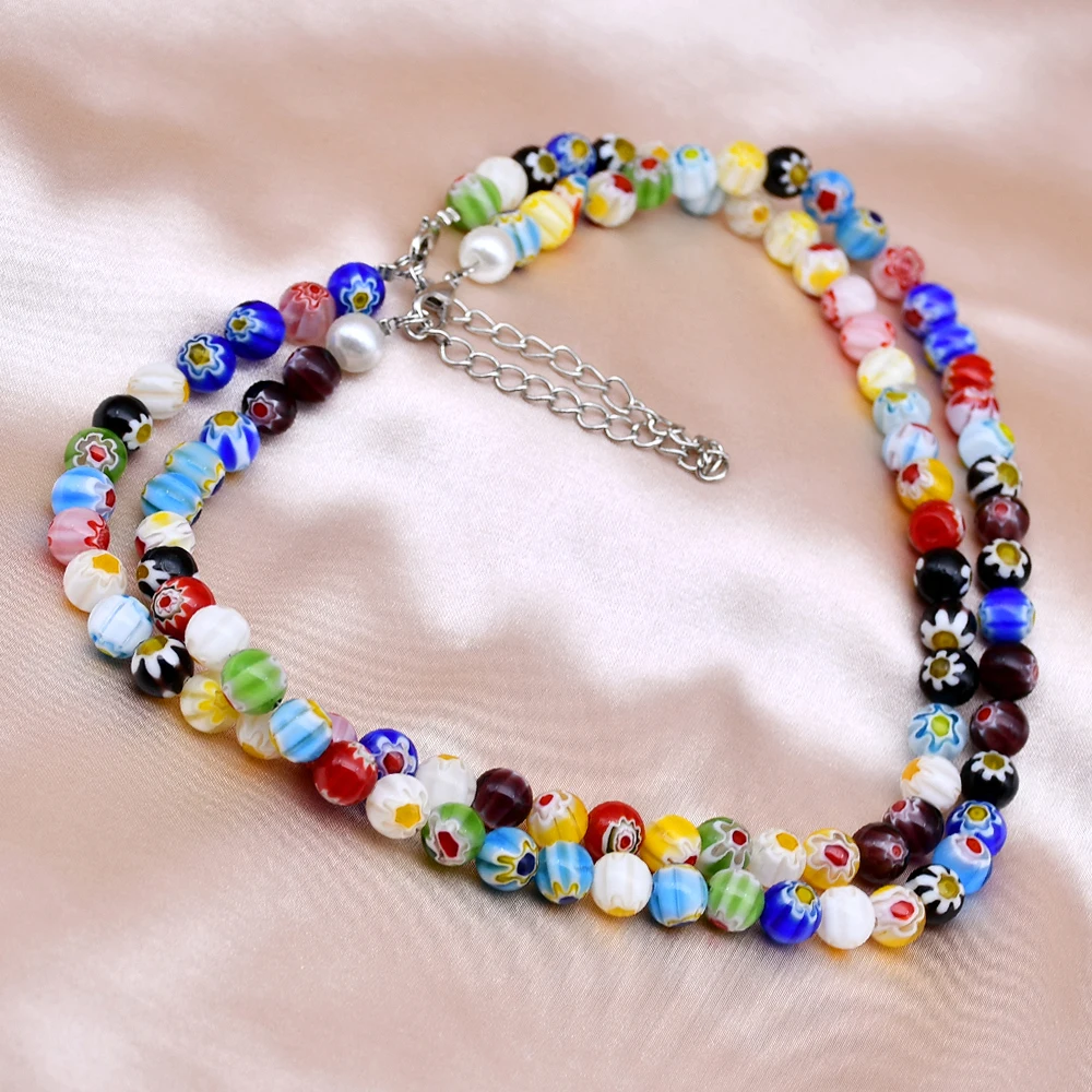 Yumfeel New Trendy Beaded Necklace Handmade 8mm Murano Flower Eye Jewelry Women Necklace