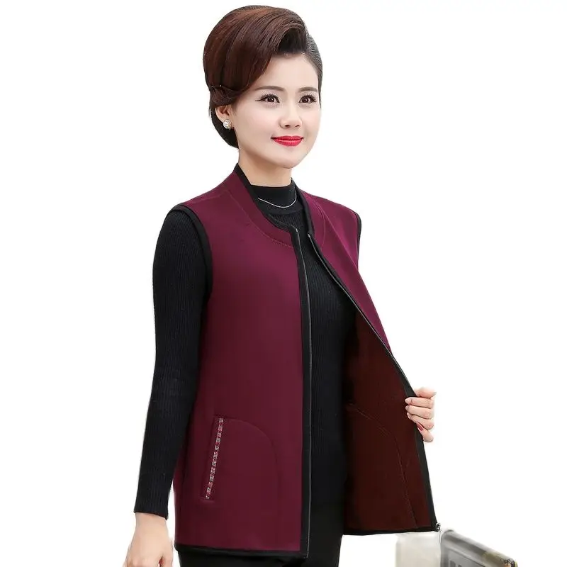 

Women Vest Waistcoat New Spring Autumn Middle-Aged Elderly Mothers Fleece Warm Vests Jacket Fashion Sleeveless Zipper Jacket Top