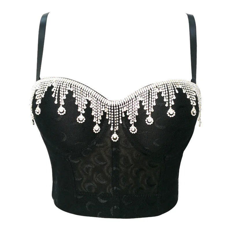 

Diamond-studded tassel camisole women breathable backless crop top vest lace embroidered belly dance clothes tanks bustier bra