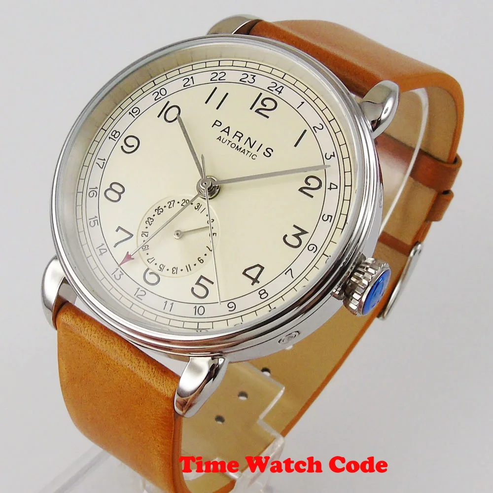 

PARNIS 42mm Automatic Men's Wristwatch GMT Beige Dial Auto Date leather strap polished bezel date indicator 12-hour Mechanical