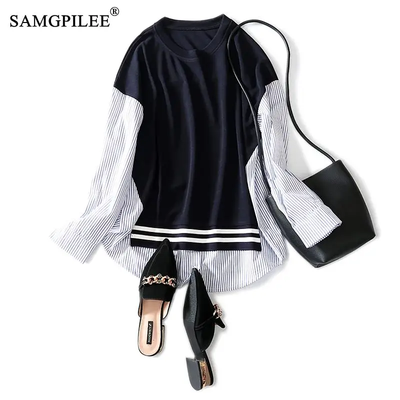 

T Shirt Women 2022 New Casual Korean Woman T-shirty Damskie Broadcloth Full Sleeve Striped Oversize Womens Top Autumn Female 4XL