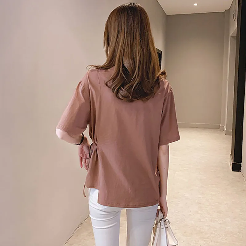2021 Summer New Irregular Korean Slim Popular O-Neck Cotton Commute Drawstring Simple Short Sleeved T-shirt women top Tee Tshirt