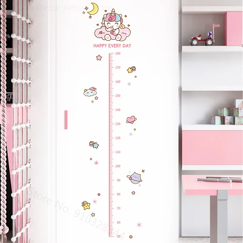 Cute Pink Unicorn Height Sticker For Girls Room Child Height Ruler Cartoon Wall Decal Kids Gift Nursery Height Measuring Sticker