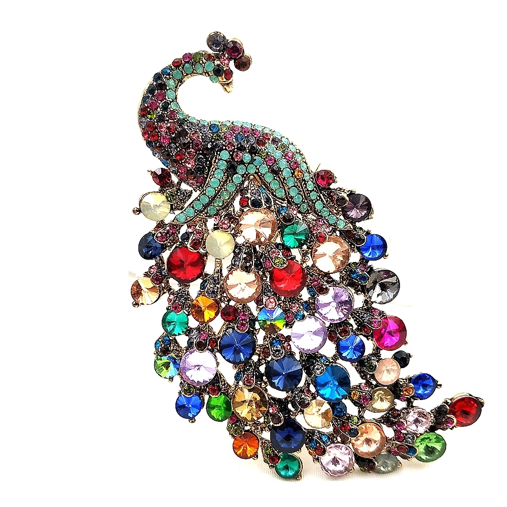 

Gorgeous Multi Colored Crystal Rhinestones 4.22'' Large Peacock Brooches with Teal Green Accent Statement Bid Pins Coat Jewelry