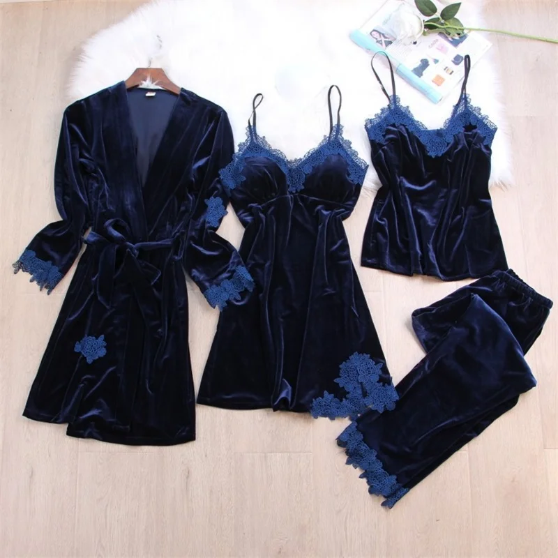 

Winter Velvet Pajamas Set for Women Soft Keep Warm Sexy Sleepwear PJs 4PCs Full Sleeve Velour Nightgown Bath Robe Lingerie Suit