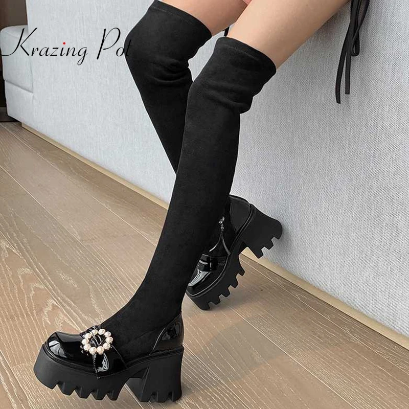 Krazing Pot 2024 Large Size Square Toe High Heels Platform Pearl Decoration Korean Pretty Girls Dating Sweet Over-the-knee Boots