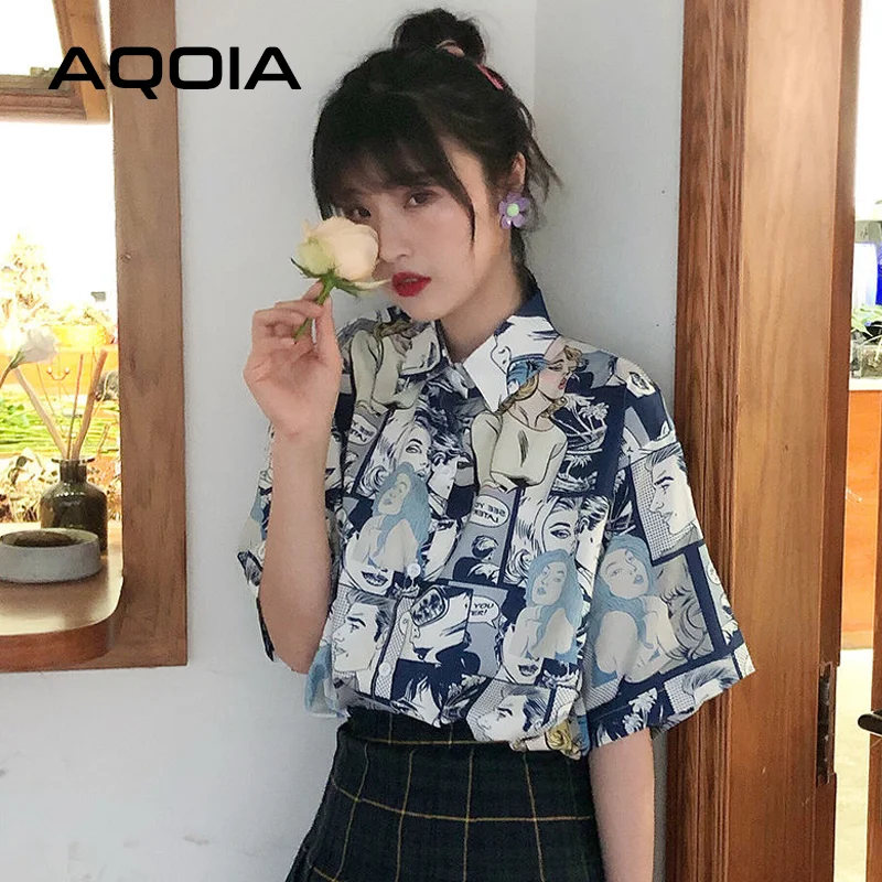 Chic Japanese style Cartoon print Women Shirt Vintage Short Sleeve Button Up Y2K Womens Blouse 2022 Summer Loose Female Shirts