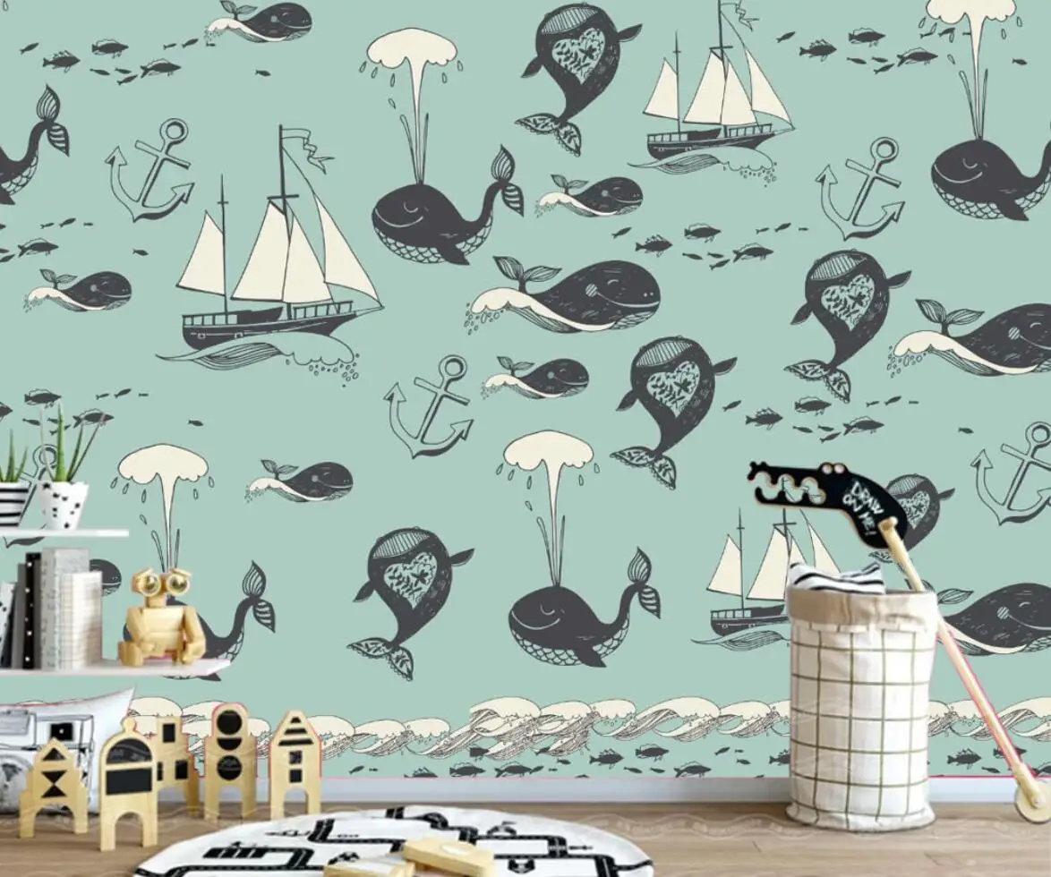 

Custom wallpaper watercolor Mediterranean ocean whale mural children's room background wall paper home decoration 3d wallpaper