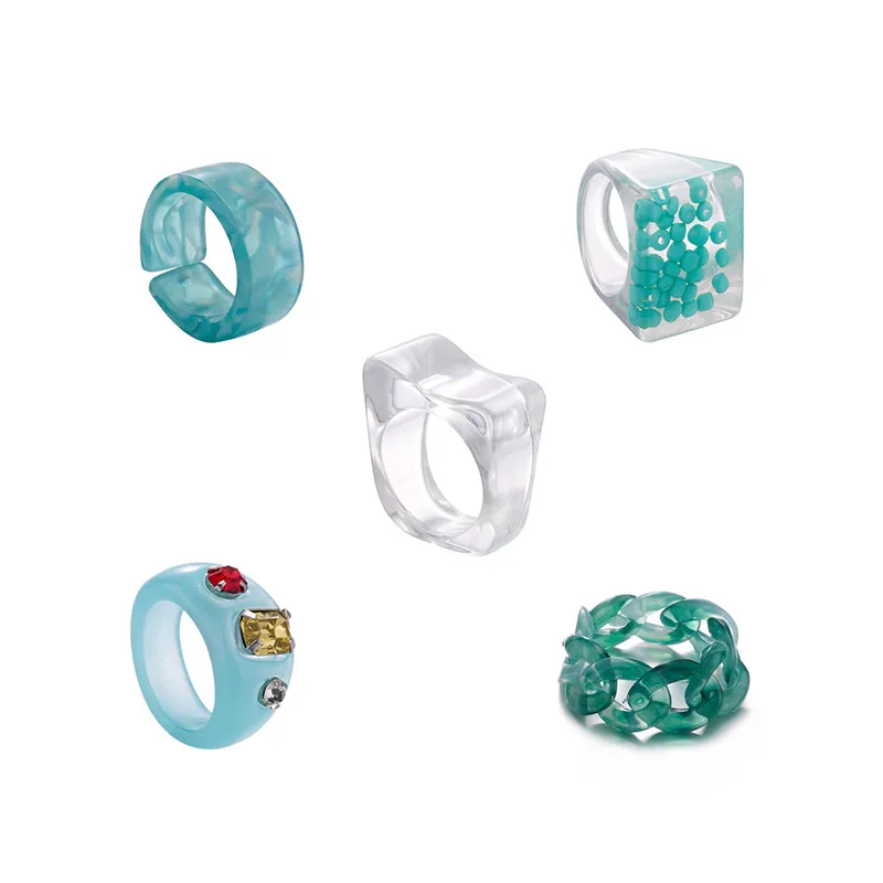 5Pcs 7Pcs Set New Ins Colorful Transparent Resin Acrylic Geometric Irregular Square Rings Sets For Women Travel Jewelry