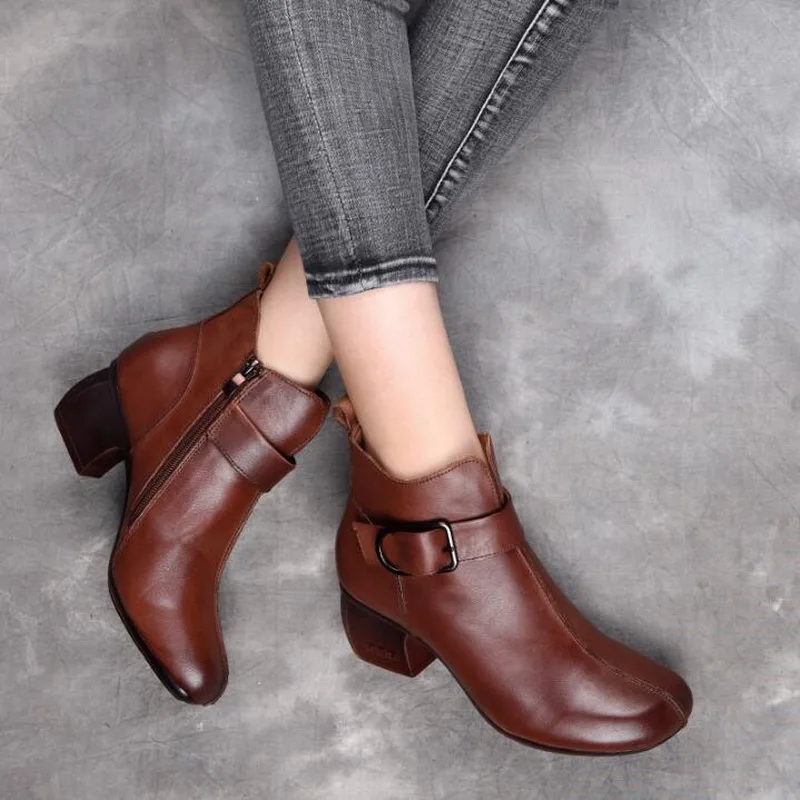 

Autumn Genuine Leather Knight Boots Comfortable Mid Heel Ankle Boots Fashion Warm Winter Shoes Soft Bottom Women Boots