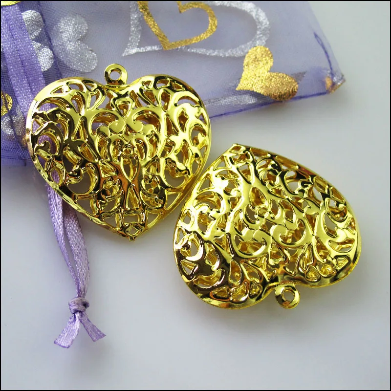 6Pcs Big Hollow Flower Heart Charms Pendants Golden Plated 38x40mm