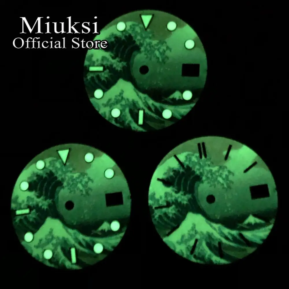 Miuksi 28.5mm watch dial super green luminous dial fit NH35 movement