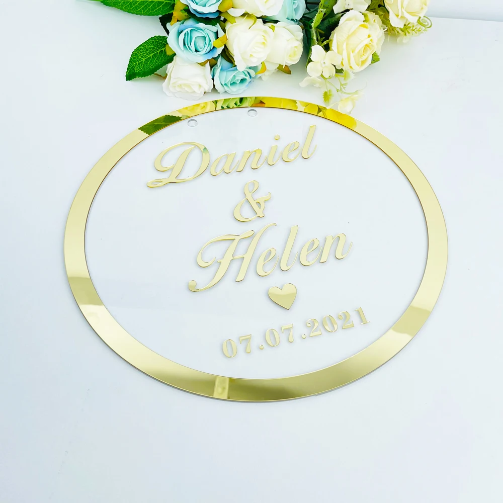 Nome di nozze personalizzato cornice rotonda specchio acrilico personalizzato Babyshower parola segno con fori regali per ospiti decorazioni per feste