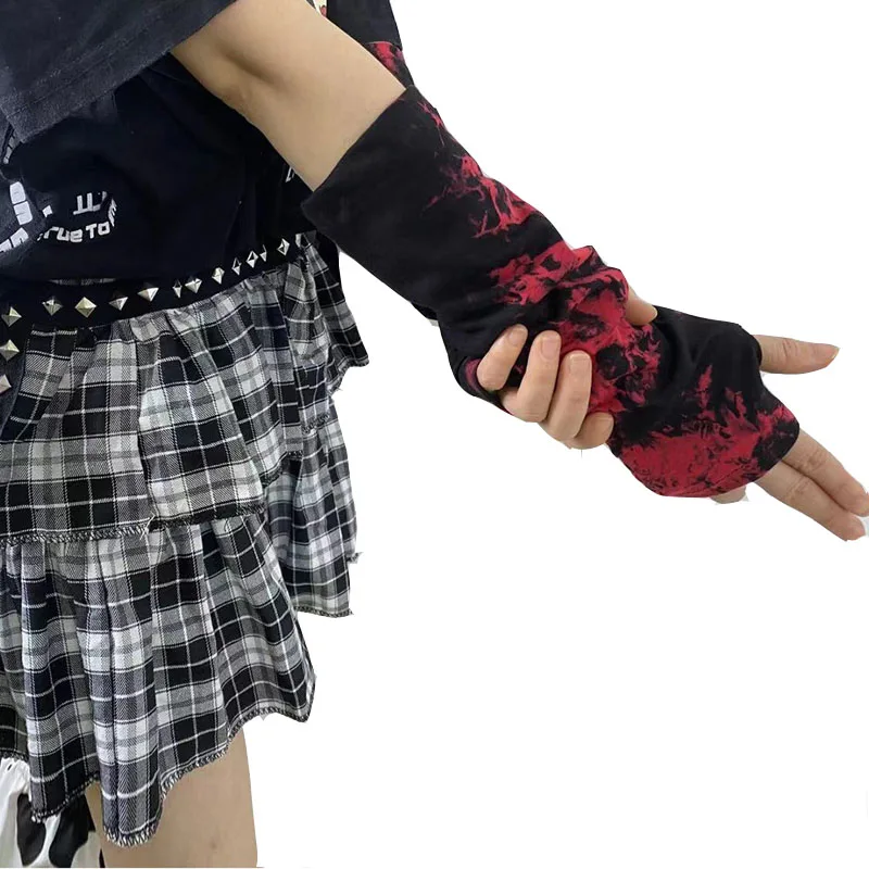 1Pair Dark Gothic Fingerless Elbow Length Gloves Harajuku Arm Warmers Ninja Street Hip-hop Mittens Women Punk Cool Tie Dye Glove