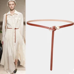 Genuine Leather Long Thin Belt Female Waist Knot Waistband Designer Belts For Women Easy Dress Cummerbunds Brown Strap