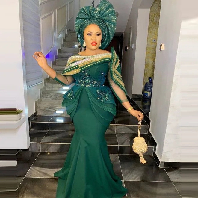 Green Prom Dress vestido verde esmeralda Mermaid Beaded Appliques Ruffles One Shoulder Three Quarter Sleeve Formal Aso Ebi Gowns