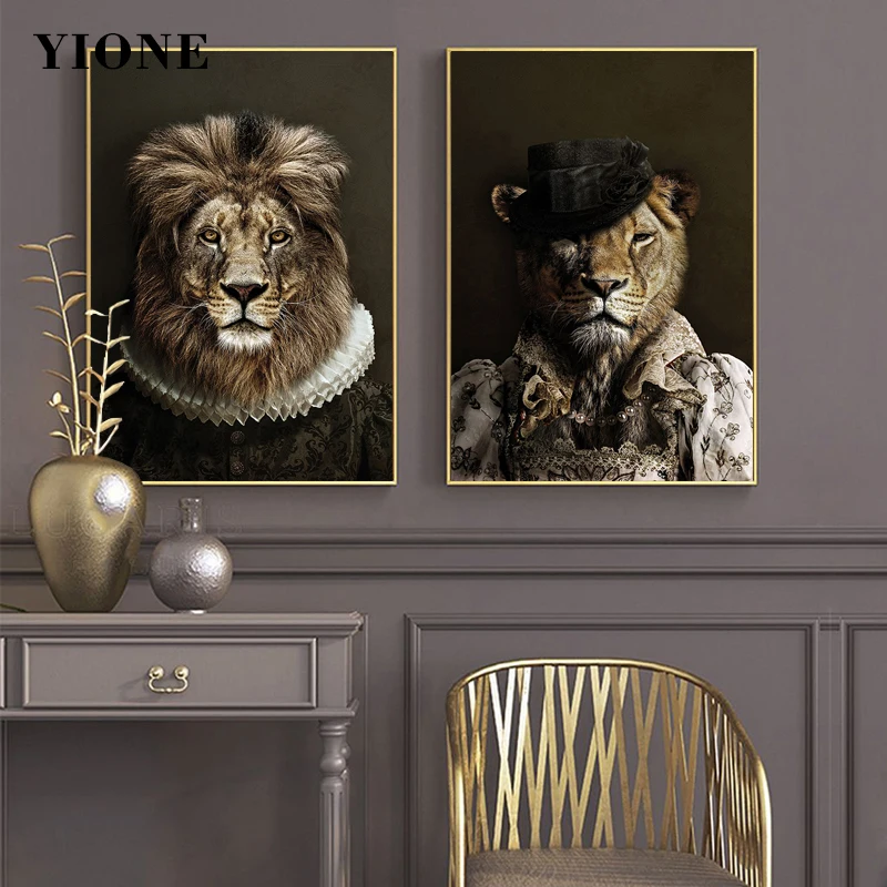 Retro Noble Animals Canvas Paintings Custom Tiger Zebra Lion King and Queen Posters and Prints Wall Art Pictures for Living Room