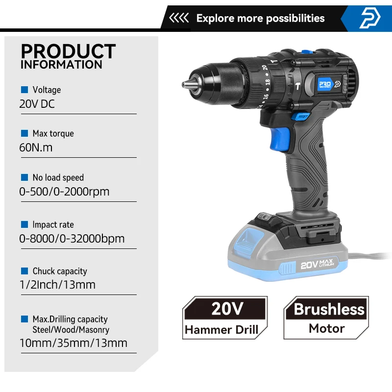 20V Brushless Hammer Drill 60NM Impact Electric Screwdriver Steel/Wood/Masonry Tool Bare Power Tool By PROSTORMER