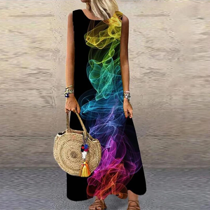 Vintage, w kwiaty drukowane sukienki Maxi kobiety lato bez rękawów Sundress luźna Casual plaża długie sukienki damskie bohema imprezowe Vestidos