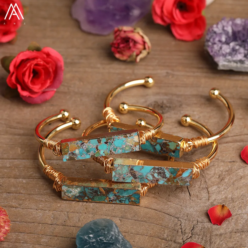 Natural Turquoises Stone Rectangle Slab Beads Open Cuff Bangle Bracelet Women Friendship Gold Bracelet Jewelry Gift BG017AMBD