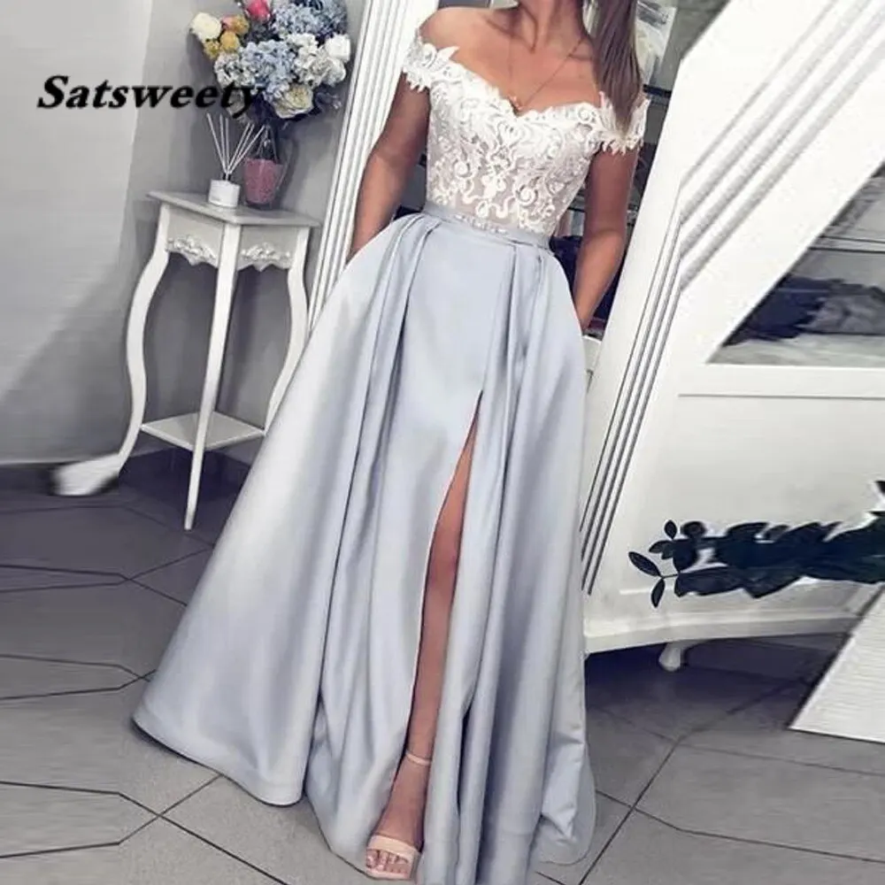 

A Line Evening Dresses Long Shiny Lace Off The Shoulder Robe De Soiree Abiye Gece Elbisesi