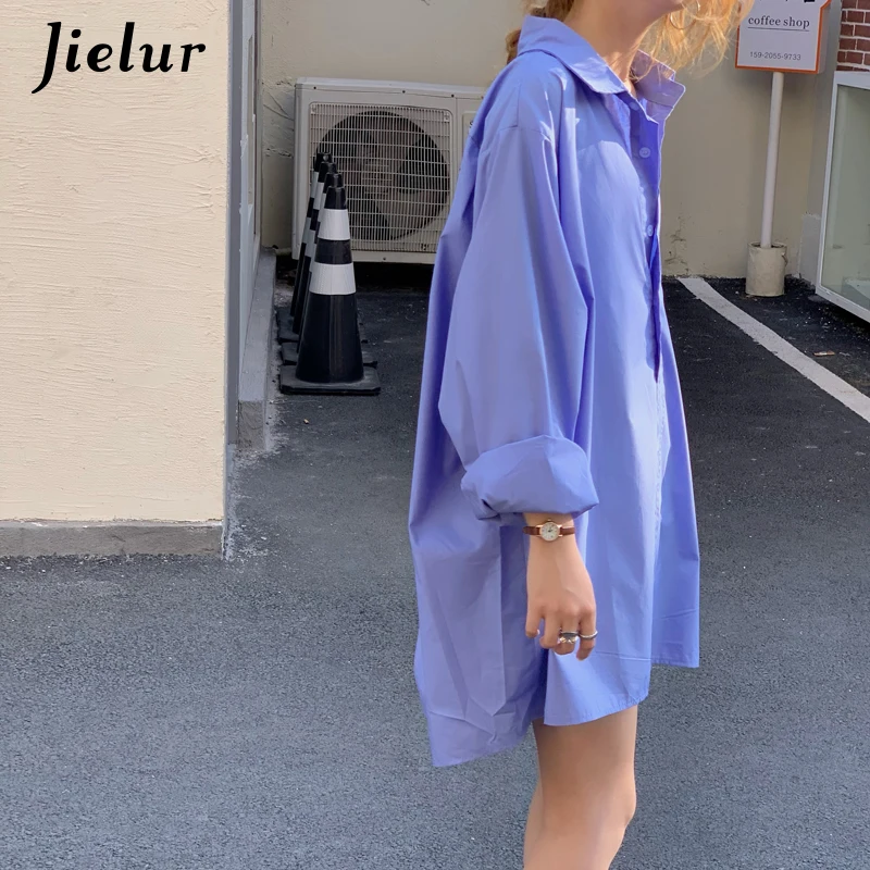 Jielur Korean Mid-length Harajuku Women Shirts Loose Blouse Female Street Casual Cool Boyfriend White Blue Shirt Pocket S-L