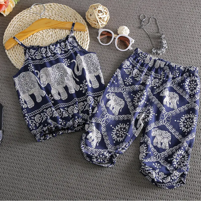 US Stock Kids Girl Toddler Elephant Pattern Tops Vest+Leggings Summer Vintage Girls Spaghetti Strap Top Clothes Outfits 2-7T