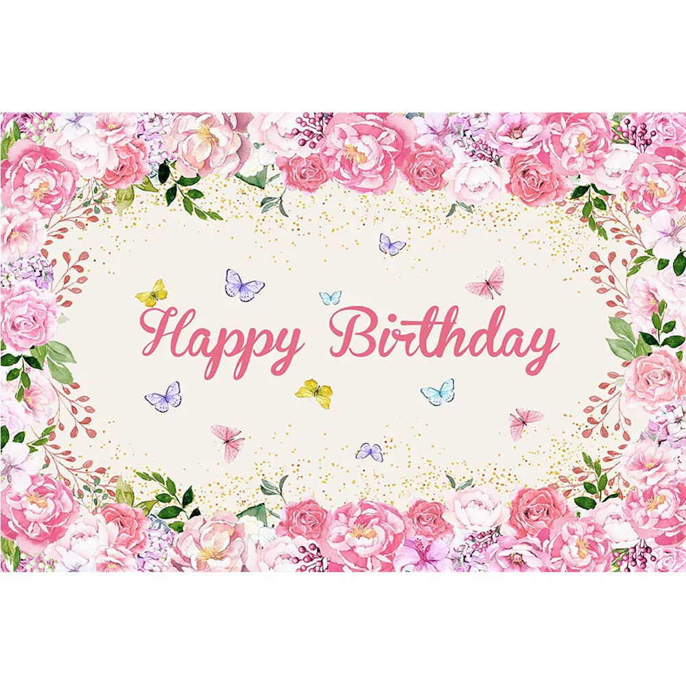 Fondo de cartel de fiesta de cumpleaños de mariposa Floral, flores de primavera, mariposas de acuarela, foto de fondo, decoración de feliz cumpleaños