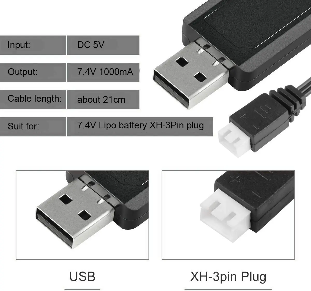 Cavo di ricarica USB per batteria Lipo XH-3P Balance da 1 confezione da 7,4 V 1 A per parti di droni RC Quadcopter FPV