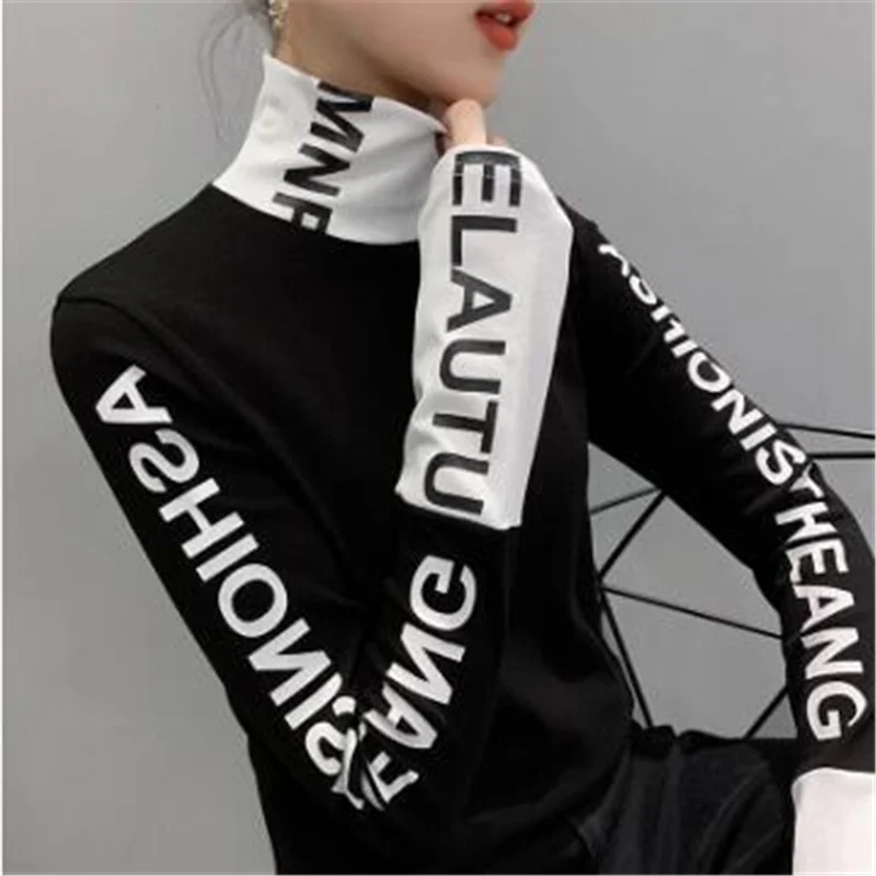 Turtleneck Fleece Warm T-shirts Women Chic Tees Letter Printing Long-Sleeve Pullover Patchwork Brushed Cotton Female T-shirts