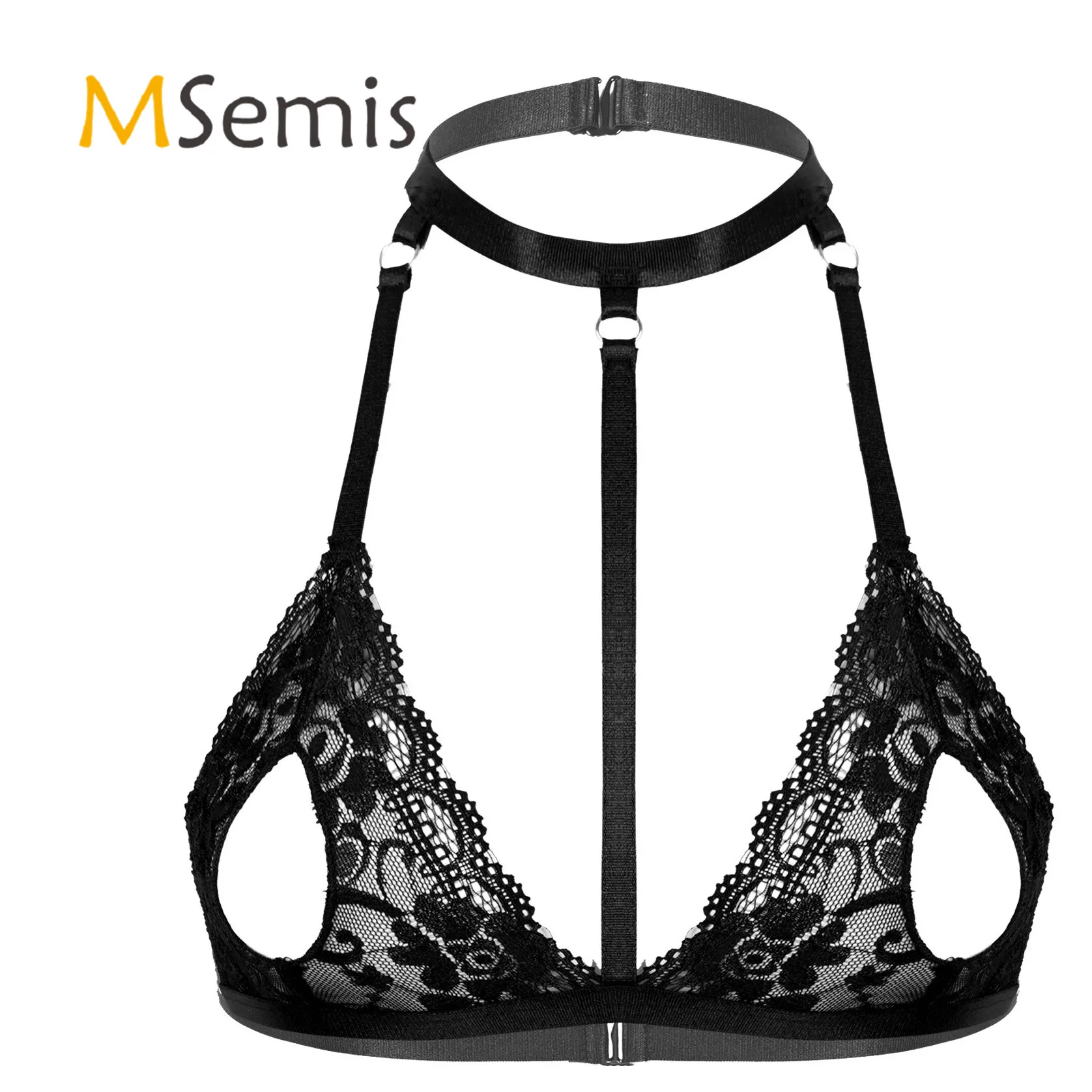 Womens Erotic Lingerie Hot See-through Lace Bra for Sex Hollow Out Lingerie Unlined Wireless Bra Ladies Halter Neck Strappy Bra