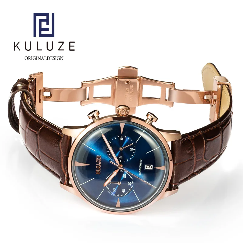 KULUZE Casual Sport Watches for Men Top Brand Luxury Leather Wrist Watch Man Clock Fashion Chronograph Wristwatch