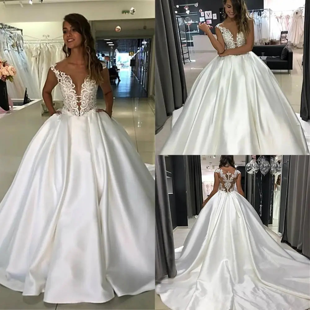 Vestido De fiesta elegante, vestidos De Novia con Apliques De encaje, vestidos De Novia De satén hechos a medida, Vestido De Novia con botones en la espalda, Vestido De Novia