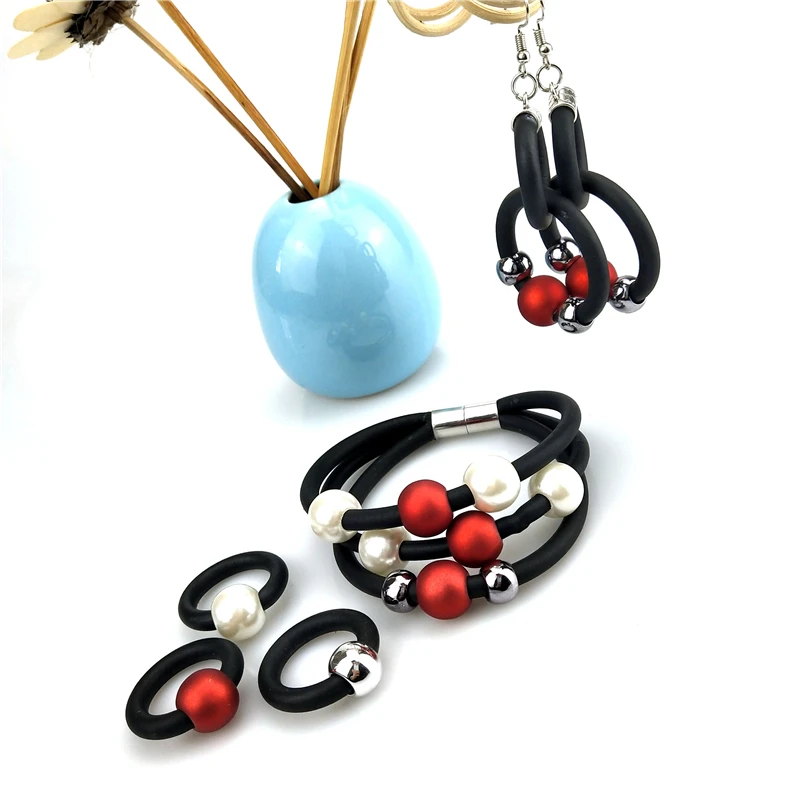 UKEBAY New Handmade Rubber Jewelry Set Pearl Necklace Women Pearl Bracelet Ring Sets Drop Earrings Wedding Jewelry Set Gifts image 4