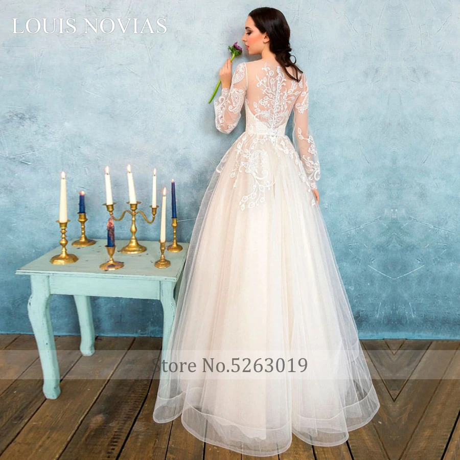 LOUIS NOVIAS Retro New Elegant Eeep V-Neck Vestido De Noiva 2020 Wedding Dress Luxury Applique Long Sleeve Lace Bridal Dress