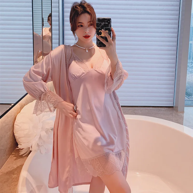 Sexy Pink Rayon Wedding Robe Suspender Nightgown Two-piece Suit Women Spring Summer Sleepwear Intimate Lingerie Loose Home Dress