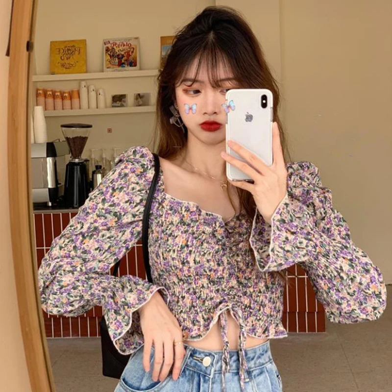 Floral Youth Elegant Blouse Women Crop Top Pretty Blouses Chic Fashion Blouse Shirt For Party 2022 Puff sleeve Off shoulder