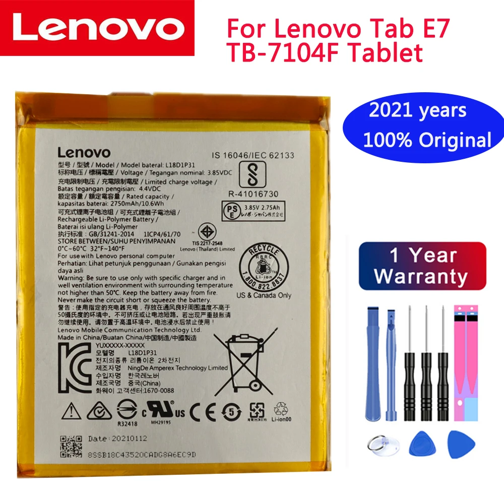 

2021 years new Lenovo Original Replacement Battery L18D1P31 2750mAh For Lenovo Tab E7 TB-7104F Tablet Battery+free tools