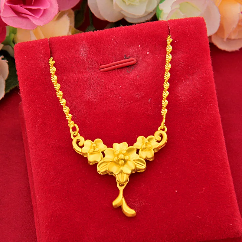 Flower Shape 24k Yellow Gold Plated Pendant Necklace for Women Bride Clavicle Chain Necklace Wedding Valentine Day Fine Jewelry