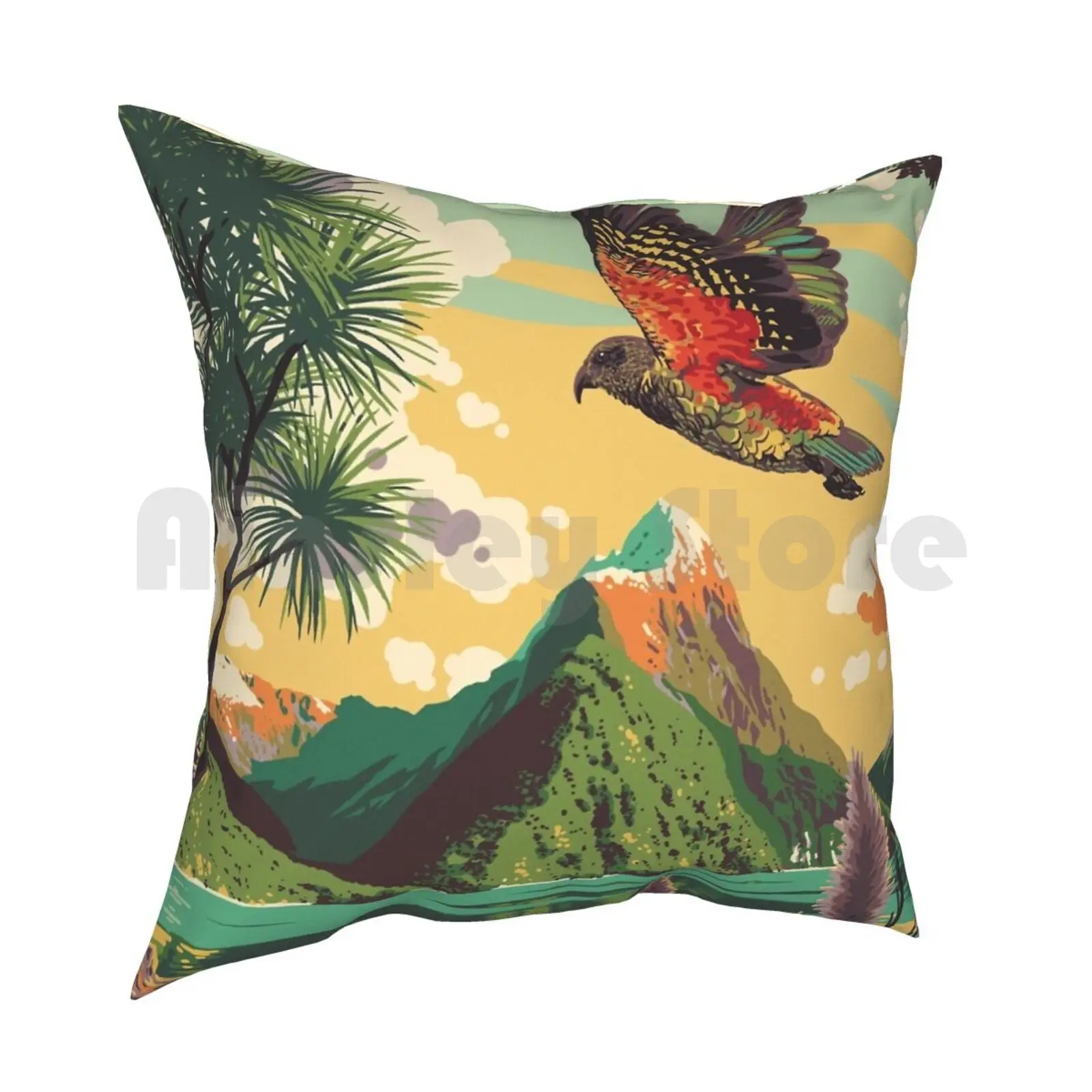 Sound Pillow Case Printed Home Soft DIY Pillow cover Kea Nz New Zealand Sound Fiordland Vintage Travel Screenprint Colour