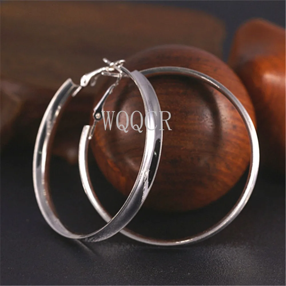 925 Sterling Silver Plated  Thick Smooth Concave Round 50X50MM Earrings Classic Fashion Women Engagement Party Earrings Jewelry