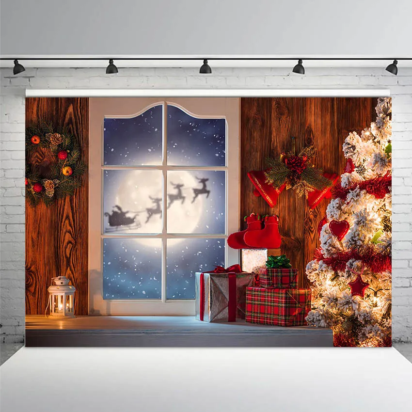 Christmas Wreath Decor Bay Window Snow Scenic Photography Backgrounds Custom Photographic Backdrops for Photo Studio