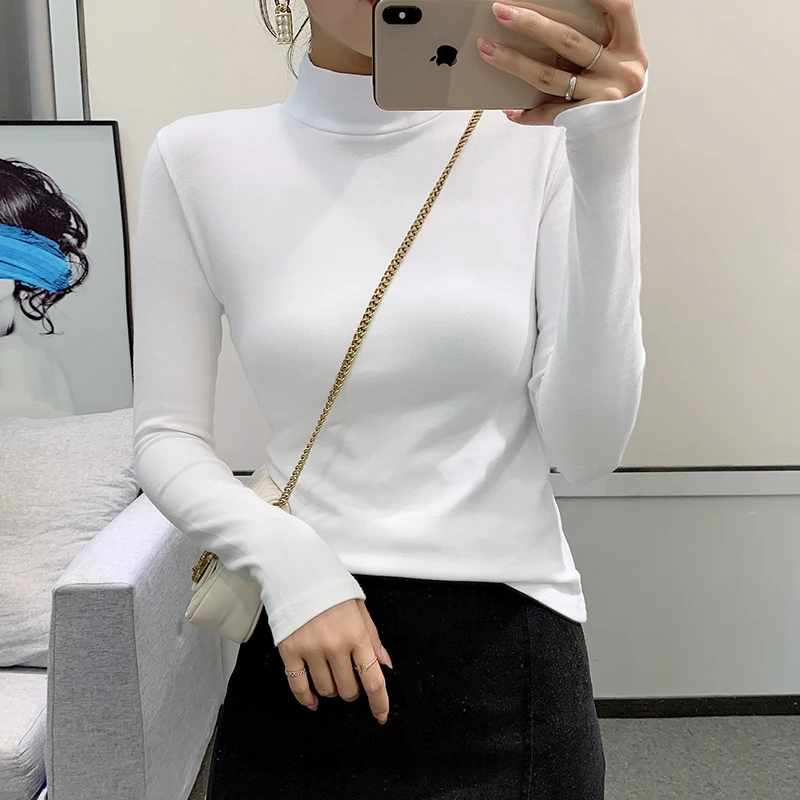 2021 Korean Style Thick Warm T Shirt Slim T-shirts Tshirts Cotton Long Sleeve Winter Tops Tee Shirt Femme Autumn White Pink navy