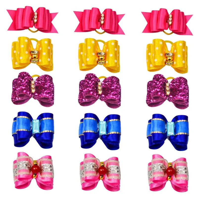 10Pcs Pet Bow Decor Cat Puppy Bow Knot Headdress with Bells Dog Hair Bows With Rubber Bands Pet Dog Grooming Clips Accessories #