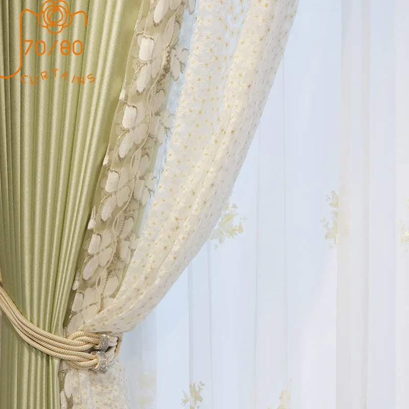 

French Pastoral Luxury Light Green Embroidery Lace Stitching Blackout Curtains for Living Room Bedroom Finished Product