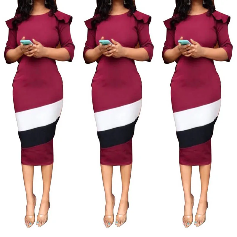 Women's Autumn Patchwork Half Sleeve Plus Size Slim Pencil Dress 2020 Office Lady Casual O-Neck Middle Dresses Women's Clothing